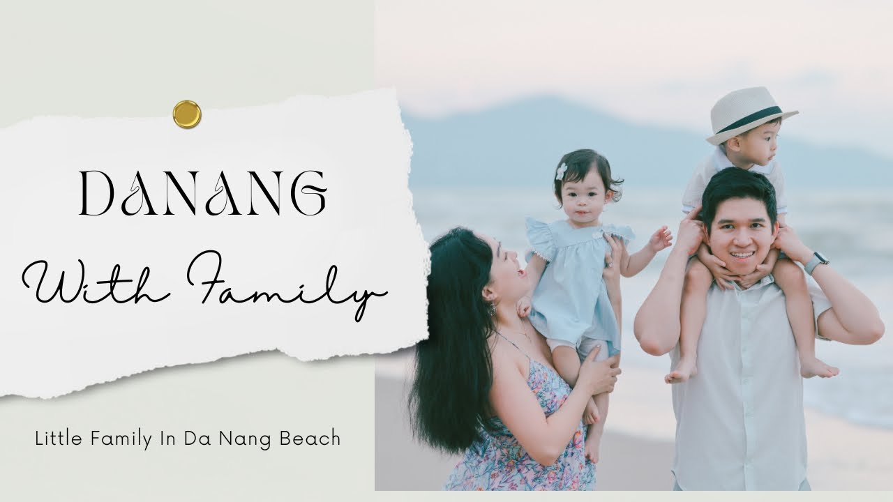 Happy Family of Four at Da Nang Beach Parents with a Little Boy and Girl