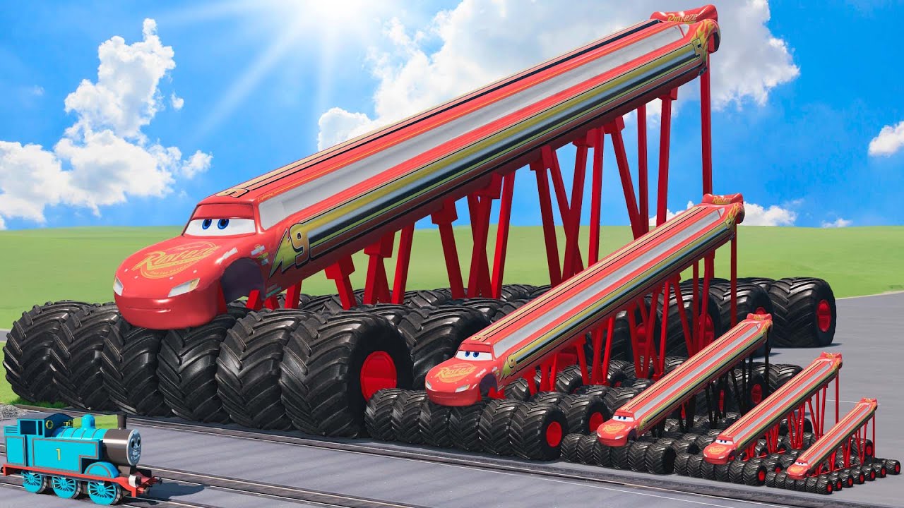 Big & Small, Long & Tall Lightning Mcqueen with Monster Truck Wheels vs Trains | BeamNG.Drive