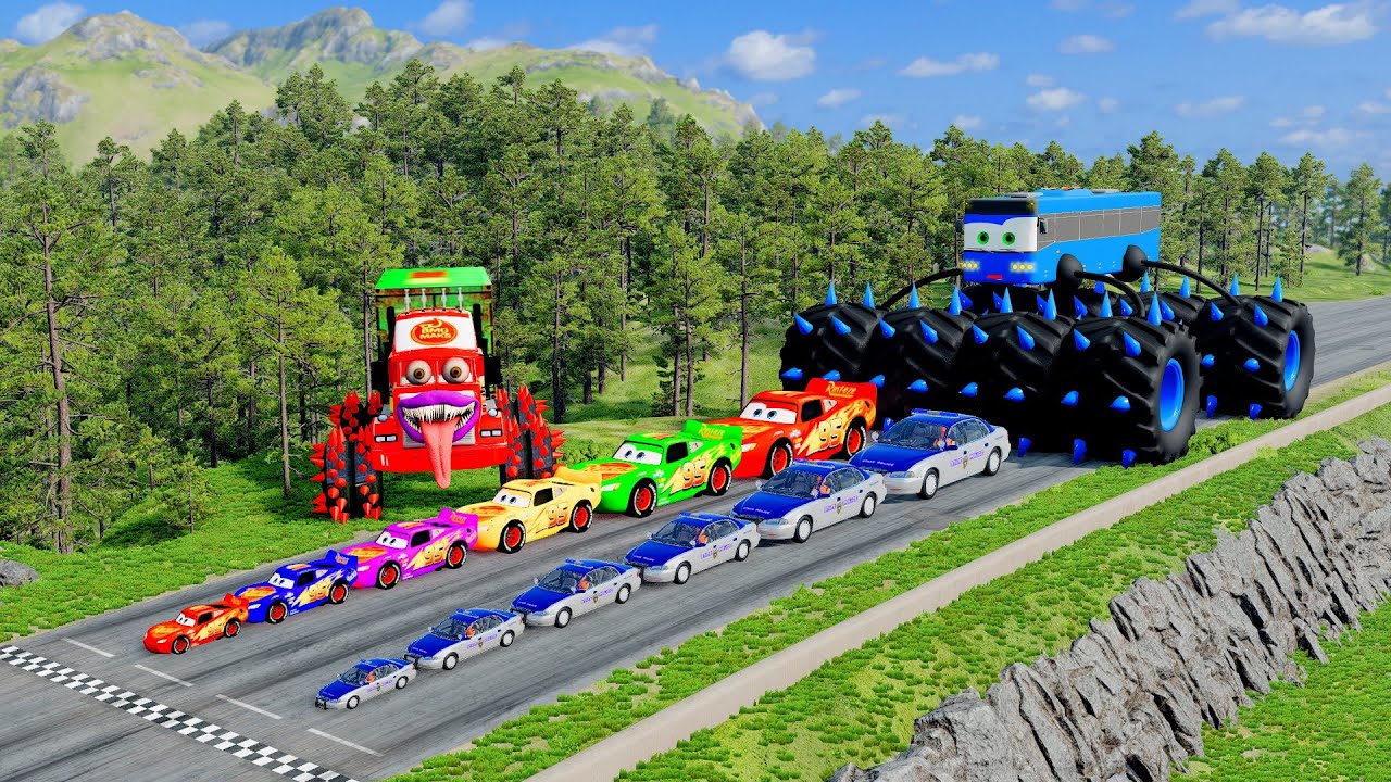 Giant LOGS DUMP MACK TRUCK VS Cars Lightning McQueen & Police Car & Giant Spikes - Beamng.Drive