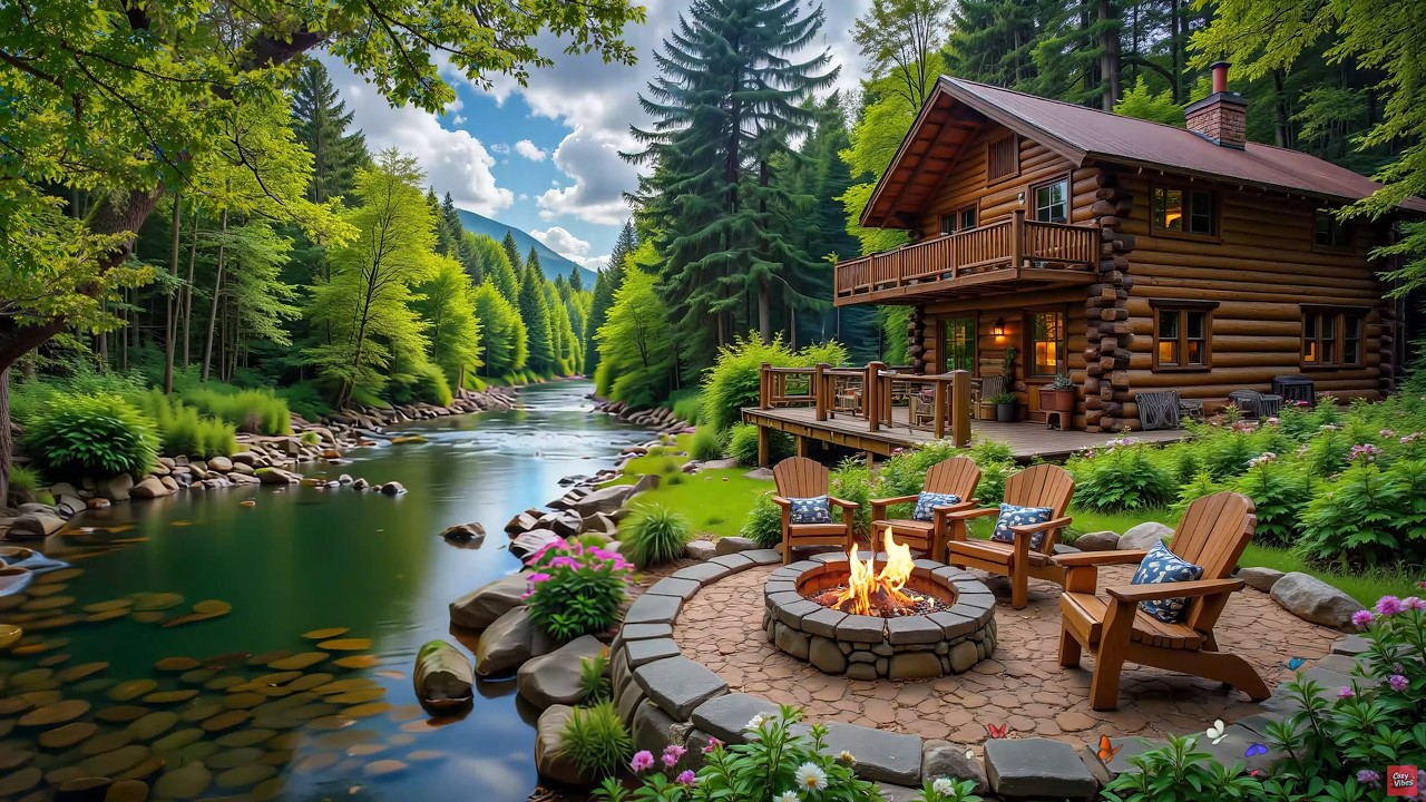 Beautiful Spring Cozy Fireplace Lakeside Room 🌺🌿 Relaxing Piano Music for Working and Studying