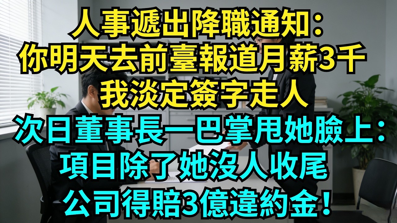 人事遞出降職通知：你明天去前臺報道，月薪3千！我淡定簽字走人，次日董事長一巴掌甩她臉上：項目除了她沒人收尾，公司得賠3億違約金！【奇聞秘事】#奇聞#秘事#故事 #职场 #职场故事 #奖金