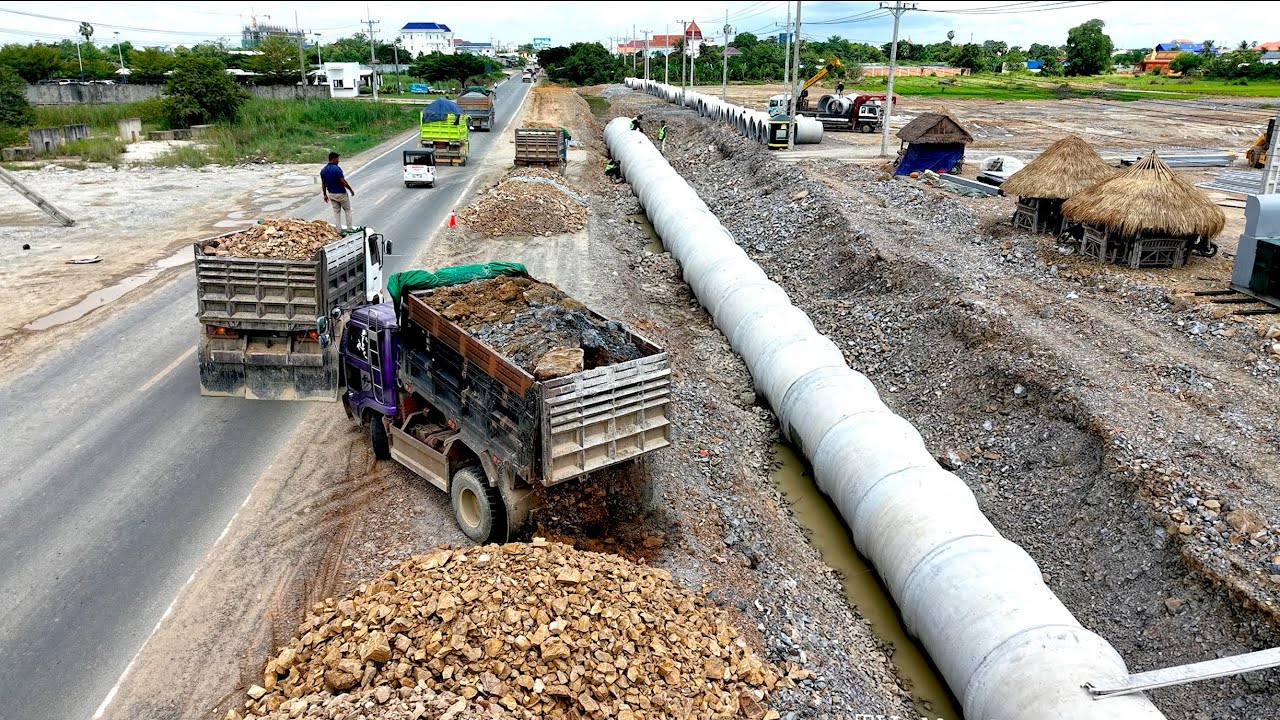 Perfectly Step by Step Setup New Huge Sewer Drain Pipe Filling Use Bulldozer & Truck Spreading