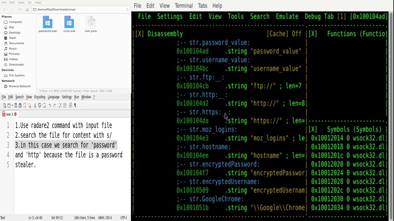 Use Radare2 to inspect a suspicious executable file (malware).