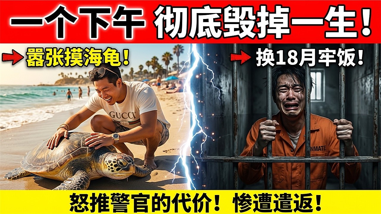 摸海龟换18个月牢饭！25岁富二代怒推美国警官，一个下午毁掉一生惨遭遣返…