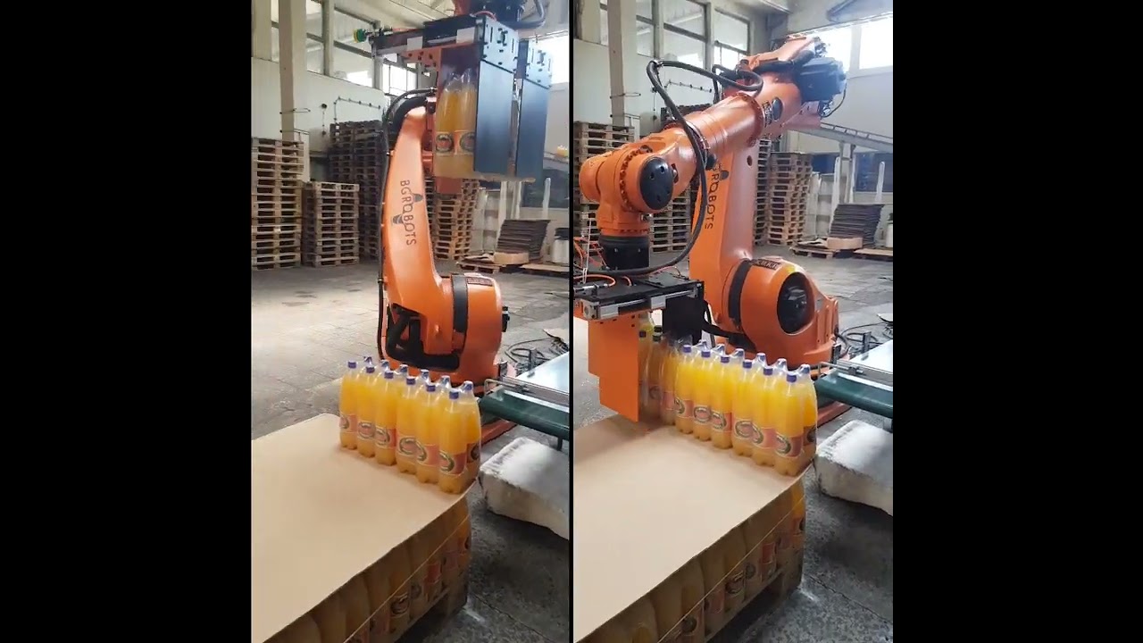 Bottle paletizing with KUKA robot and custom gripper| Палетиране с робот КУКА и специализиран грипер