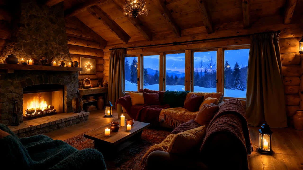 Cozy Mountain Cabin with Fireplace - Smooth Winter Jazz for Relax and Focus 02