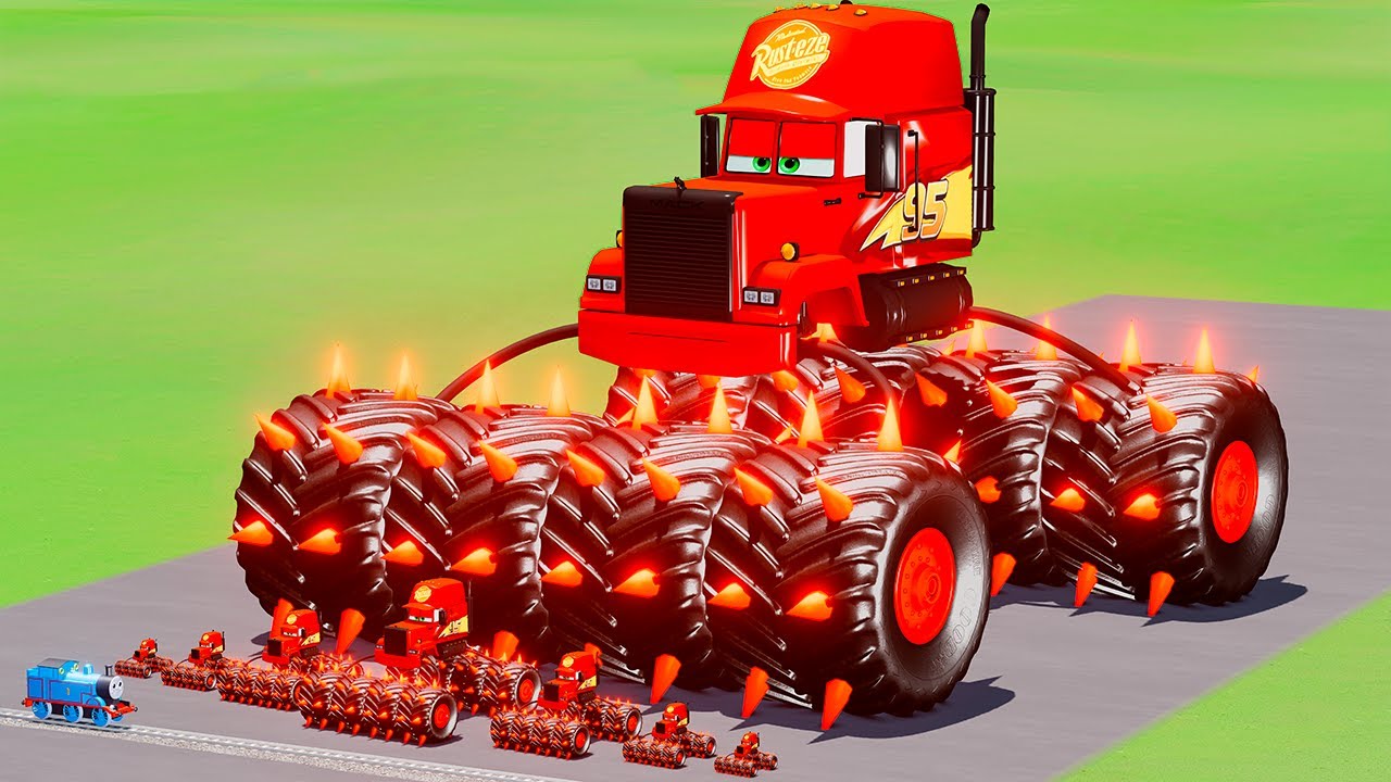 Big & Small Spider Mack Glow Stripes Thorns Monster Truck McQueen vs Thomas the Train BeamNG.Drive