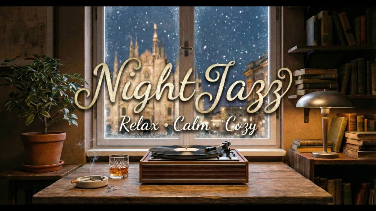 Winter Night in Milan - Warm Smooth Jazz/ Retro Jazz & Snow Falling | Relaxing Ambience for Reading