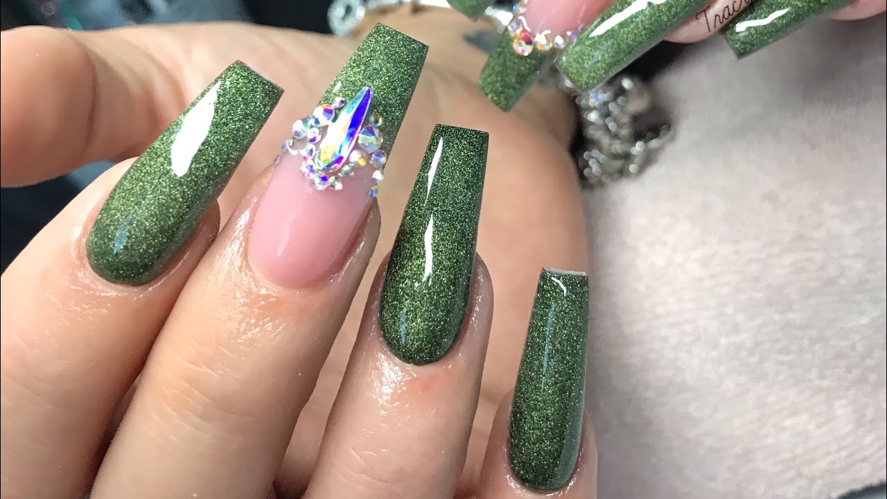 Long Acrylic Nails - Khaki with crystals