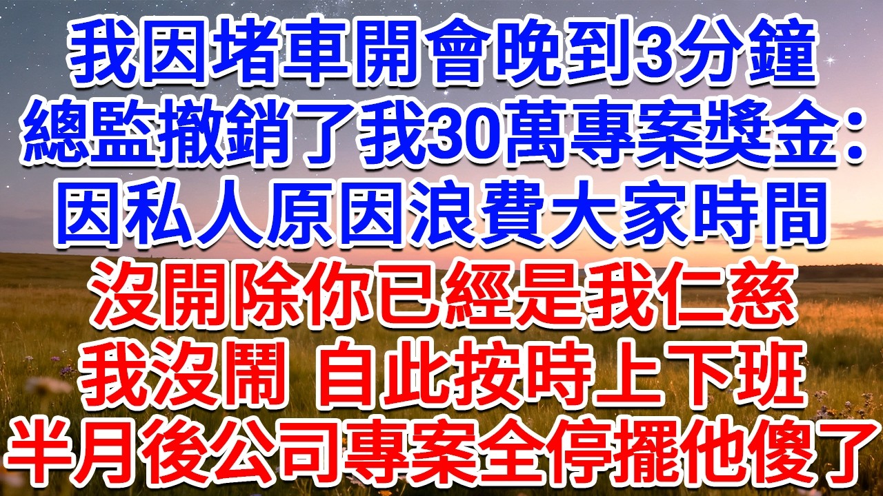 我因堵車開會晚到3分鐘，總監撤銷了我30萬專案獎金：因私人原因浪費大家時間，沒開除你已經是我仁慈！我沒鬧，自此按時上下班，半月後公司專案全停擺他傻了！#為人處世 #生活經驗 #情感故事 #故事 #小說