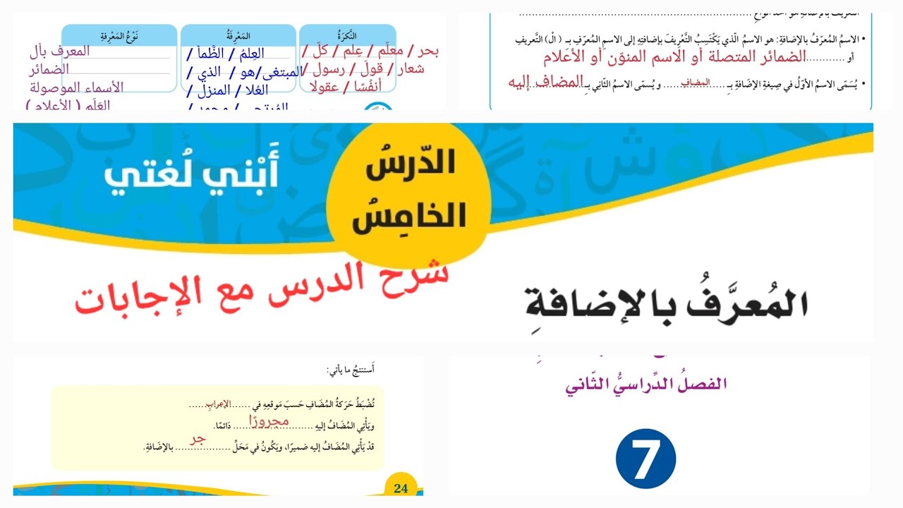 المعرف بالإضافة الصف السابع صفحة 23 / 24 شرح الدرس مع الإجابات المتعلقة بالشرح رابط الحل في الوصف 👇