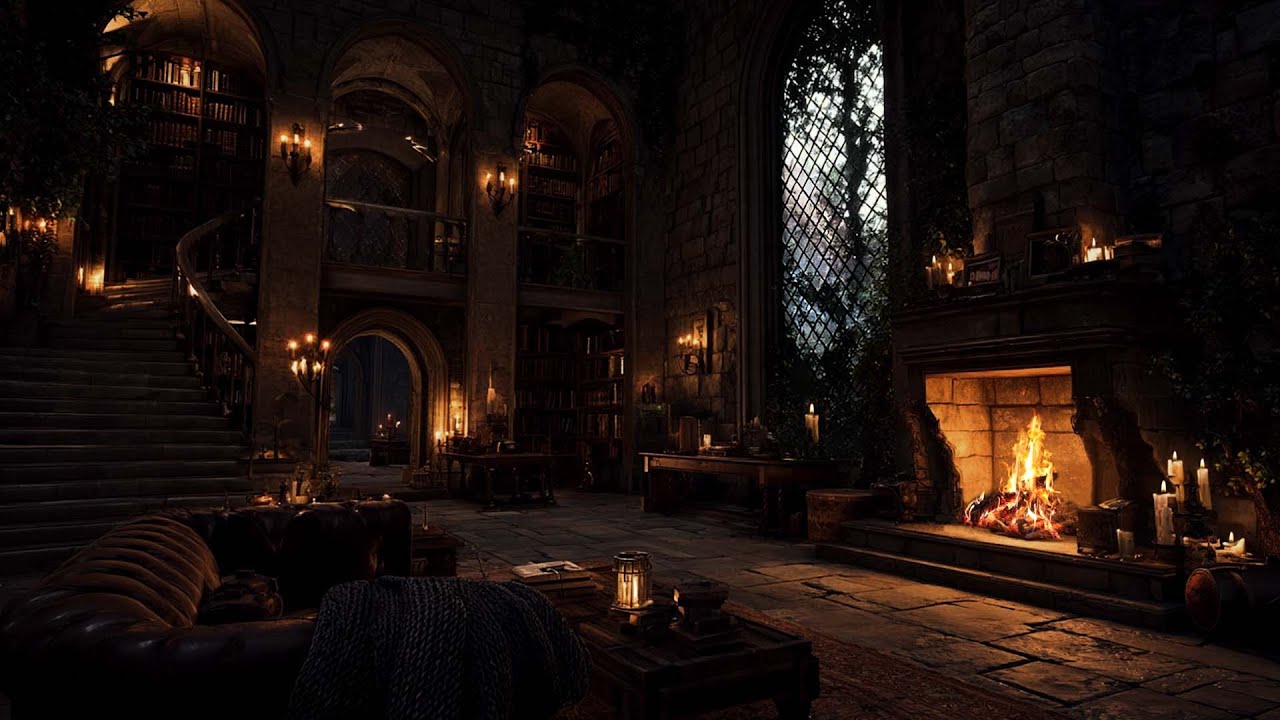 Historic Castle Ambience – Night Rain, Thunder & Fireplace Glow for Deep Sleep