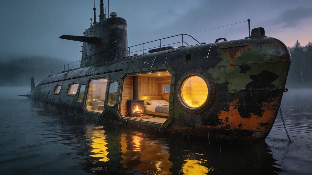 Transforming a Military Submarine into an Off-Grid Tiny Home (Rainy ASMR Full Build) 🌧️⚓