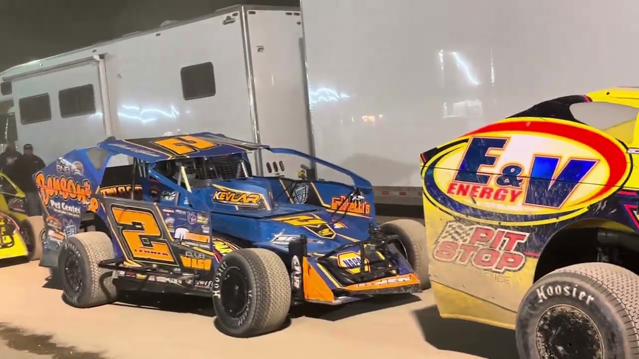 The big block Modifieds of the Super DIRTcar Series come off the track after the 100 lap event. 