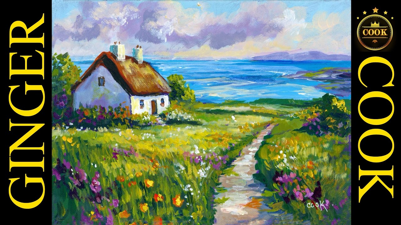 Beginner Meadow Cottage Landscape Painting - Gridding, Color Mixing, and Atmospheric Perspective