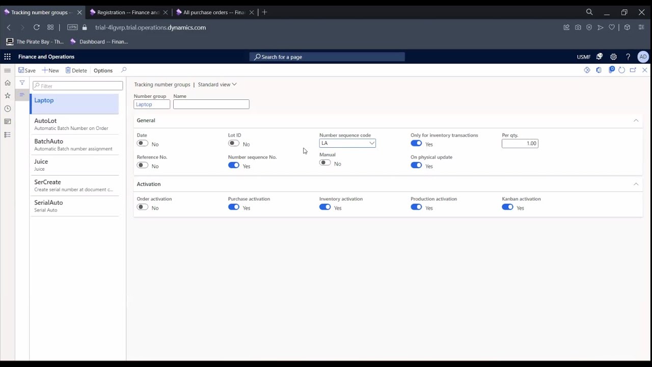 Номера партий и серийные номера в Dynamics 365