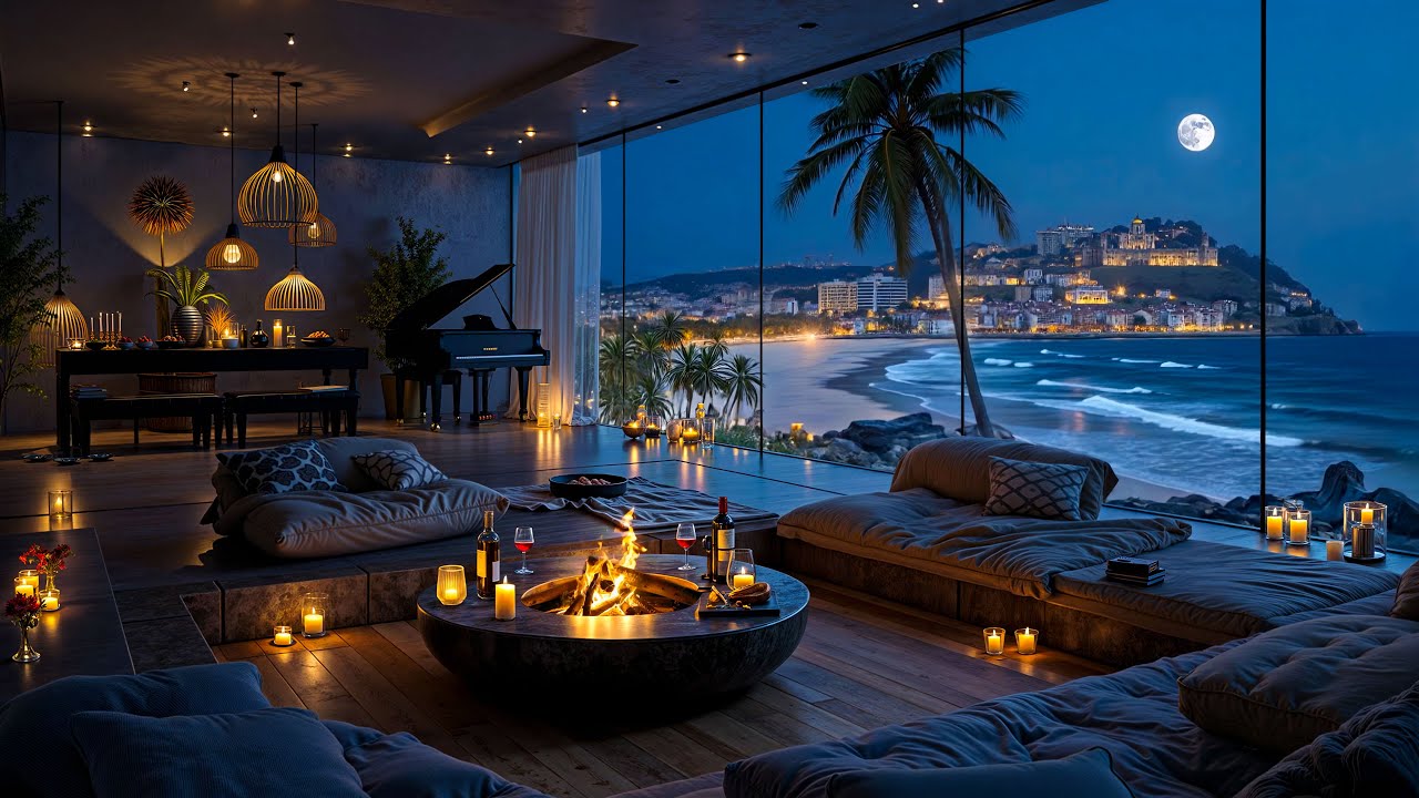 4K Tranquil Coastal Nightscape 🌊 Soft Piano Jazz in Luxury Apartment for Study, Relax & Sleep
