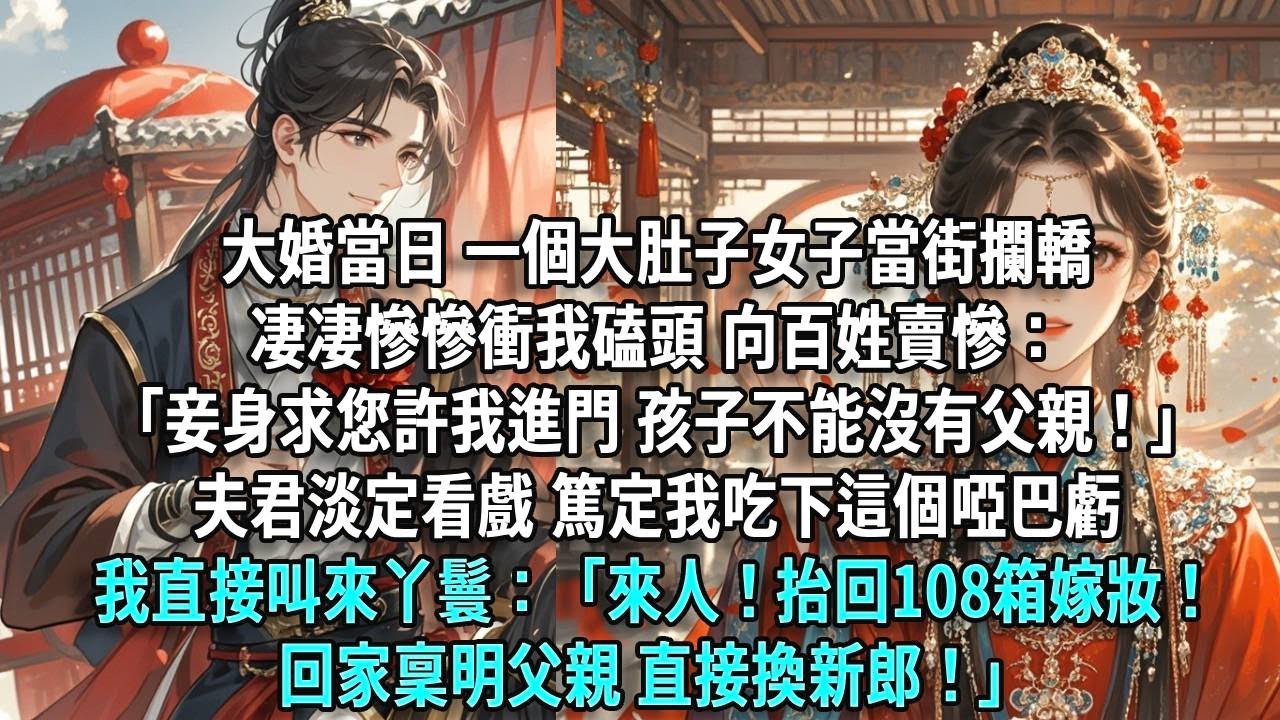 大婚當日 一個大肚子女子當街攔轎凄凄慘慘衝我磕頭 向百姓賣慘：「妾身求您許我進門 孩子不能沒有父親！」夫君淡定看戲 篤定我吃下這個啞巴虧我直接叫來丫鬟：來人抬回108箱嫁妝！回家稟明父親 直接換新郎！