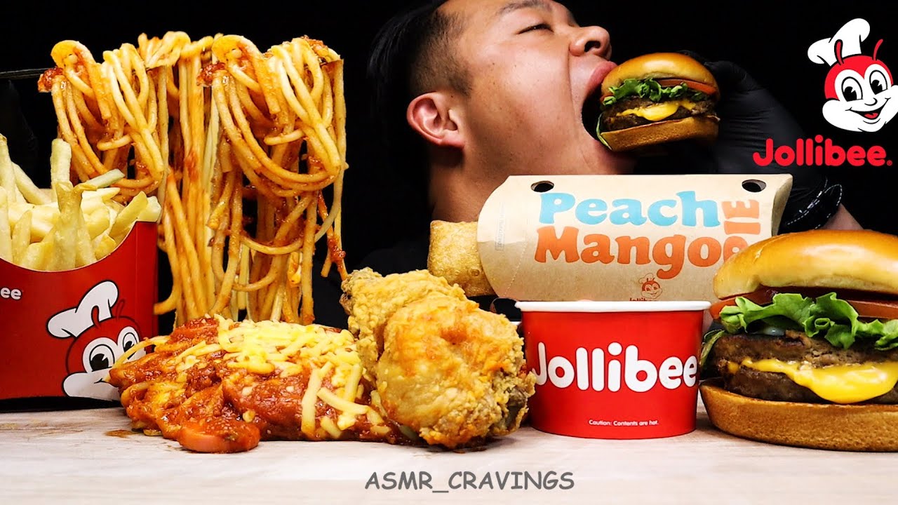 ASMR JOLLIBEE THE BIG YUM BURGER WITH JOLLY SPAGHETTI & FRIED CHICKEN + MANGO PEACH PIE *BIG BITES*