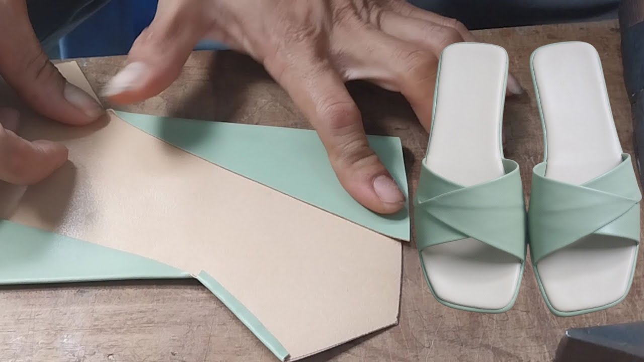 The craftsman shares how to make a pair of blue sandals.
