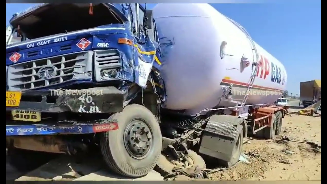 A massive collision between an HP gas tanker and a tipper on the National Highway near 17 Mile Hotel