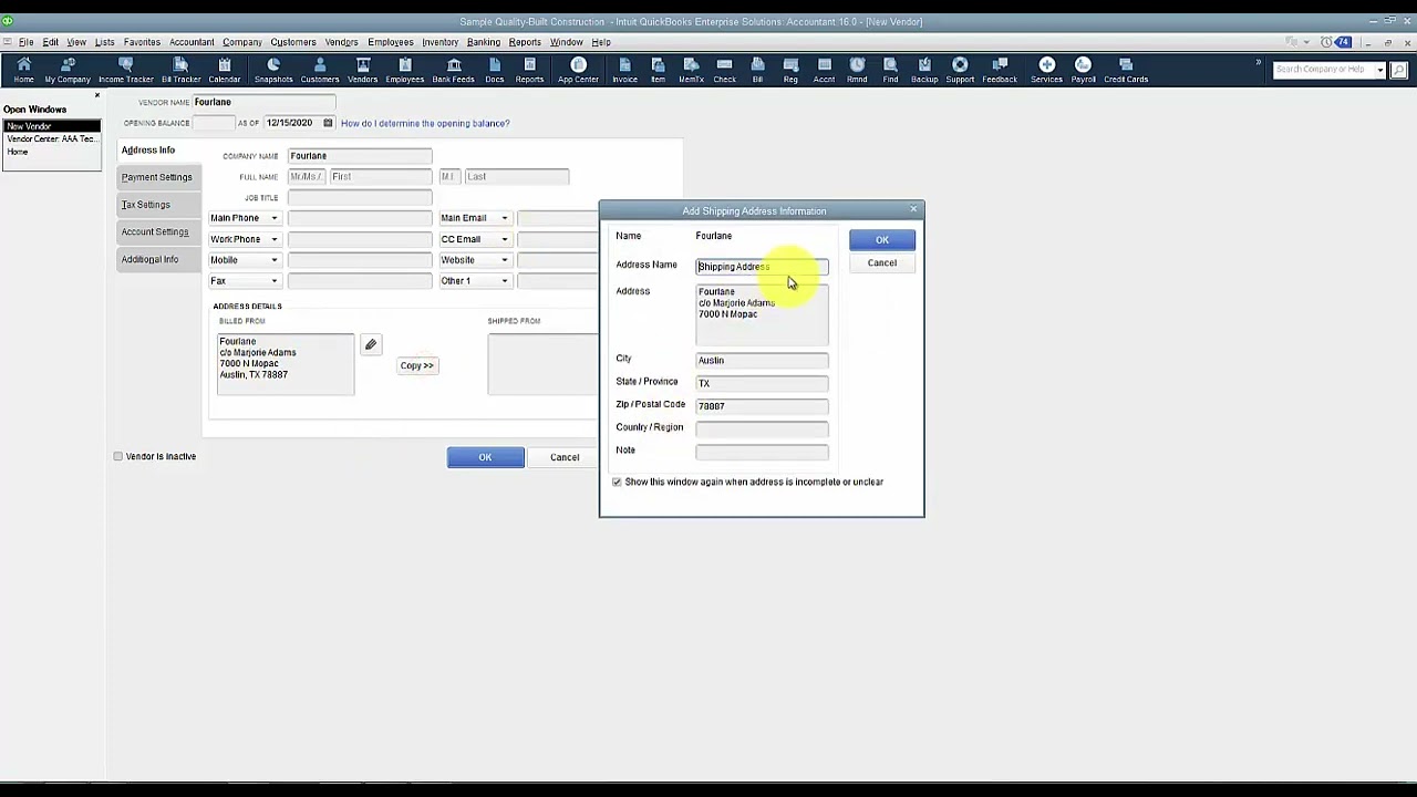 QuickBooks - Create a New Vendor 2016