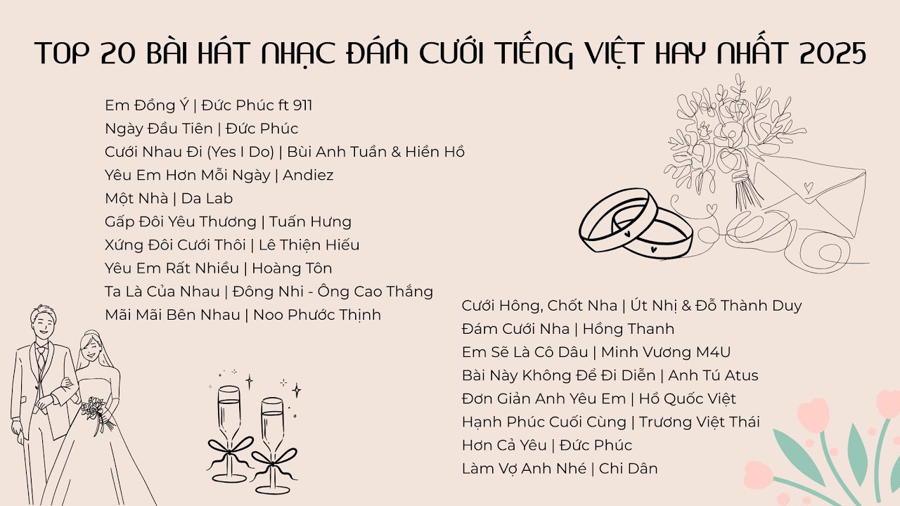 TOP 20 BÀI HÁT NHẠC ĐÁM CƯỚI TIẾNG VIỆT HAY NHẤT 2025