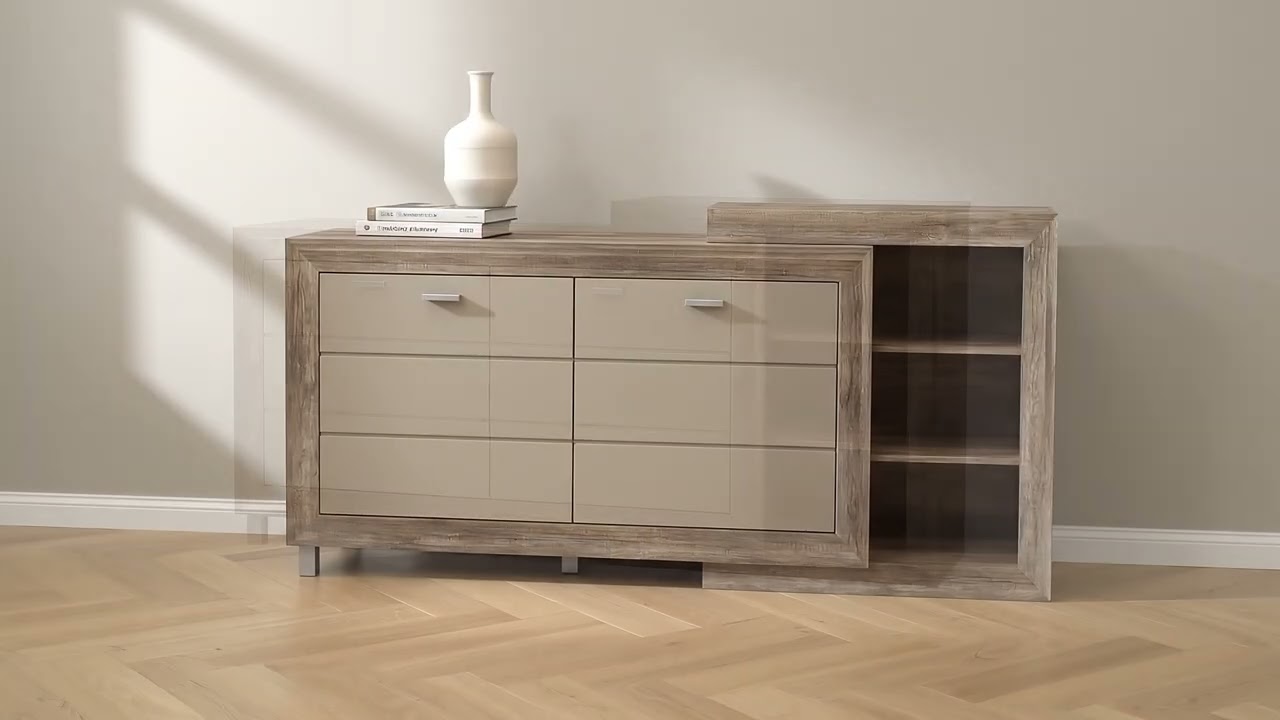 Sideboard Verdille - Hochglanz Beige / Eiche Antik Dekor
