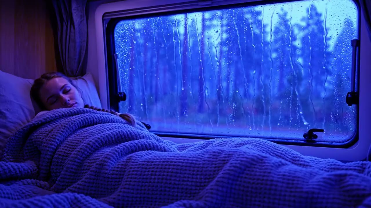 Deep sleep sound ambience with thunderstorm outside camper van in quiet dark forest | rain sou