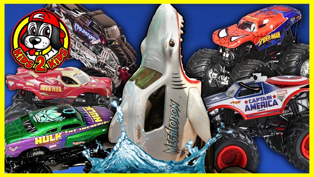 Monster Jam Toy Trucks: MEGALODON vs. The Avengers (Spider Man), Justice League & Ninja Turtles