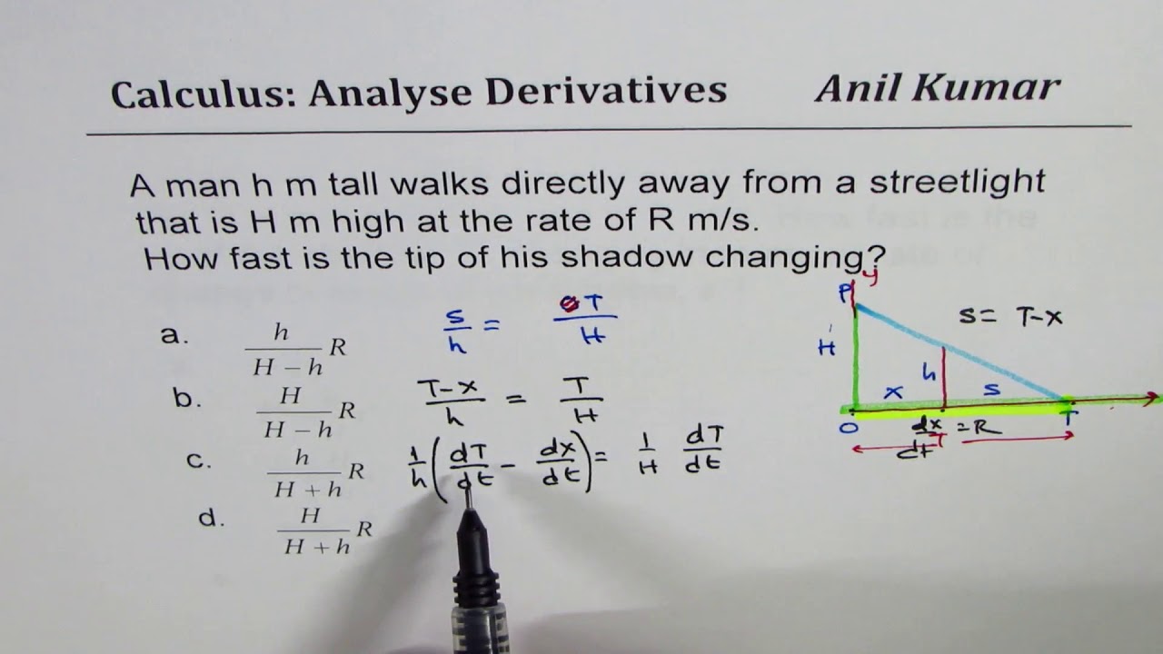 Related Rate of Change of Shadow Tip Length Calculus