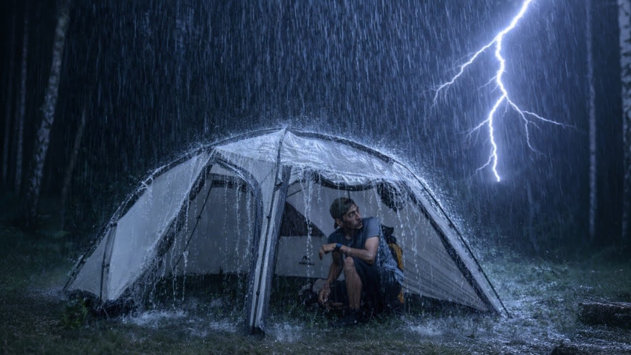 Solo Camping in Extreme Pouring Heavy Rain – Thunderstorm Rain on Tent for Deep Sleep
