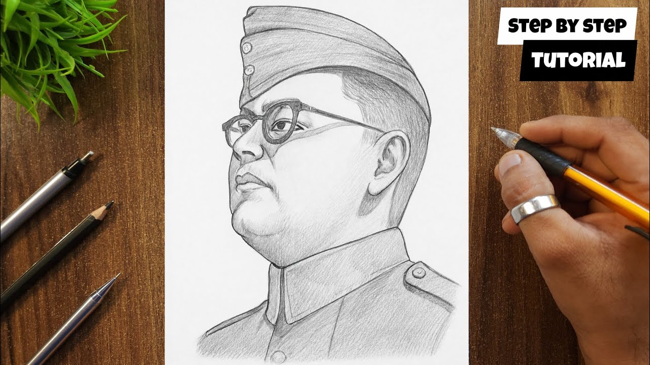 Freedom Fighter Subhash Chandra Bose Drawing Step By Step Tutorial @AjArts03 