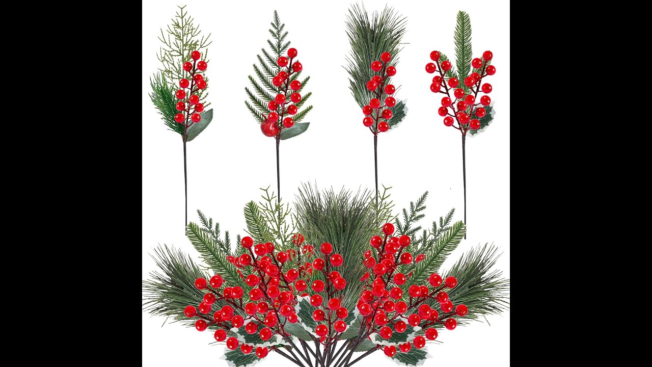 12 Pcs 13.5 inch Artificial Red Berries Pine Stems Christmas Tree Picks Christmas Floral