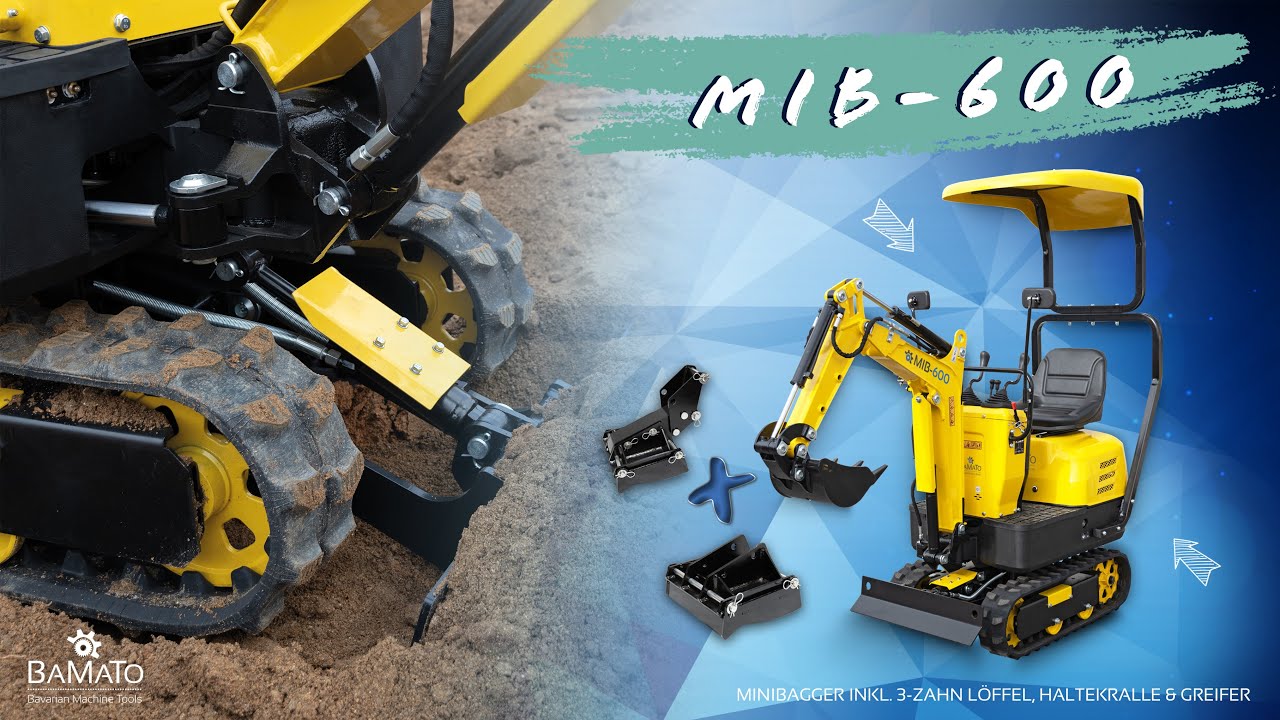 BAMATO Minibagger MIB-600 schwenkbar Ausleger Mini-Bagger 8,8kN inkl. Zubehörset 6,3kW E-Start
