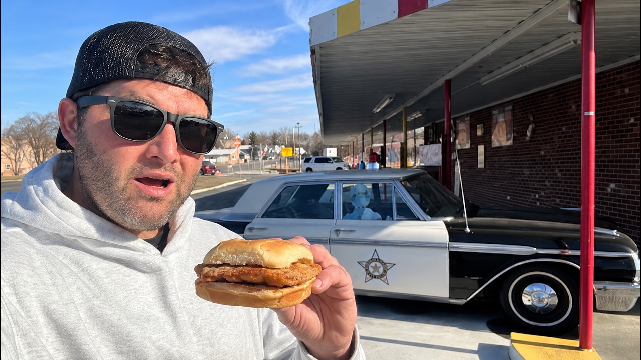 Eating Famous Pork Chop Sandwich at Mayberry Drive In - Classic Southern Roadside Retro Car Hop