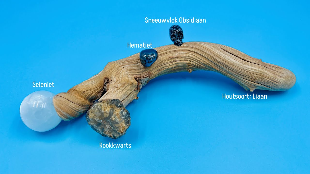 Wand van Liaan, seleniet, Hematiet, Rookkwarts en sneeuwvlok Obsidiaan skulletje.