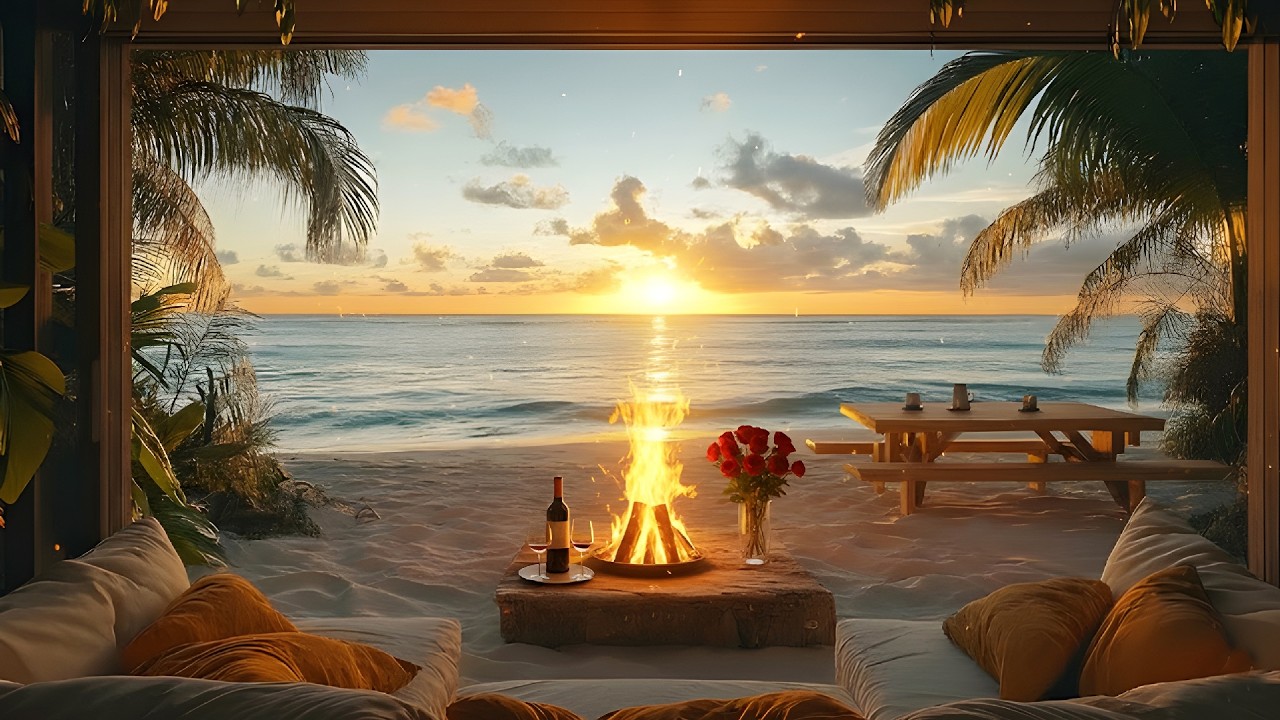 Golden Sunset at a Cozy Beach House 🌅 Smooth Jazz & Warm Fireplace Ambience