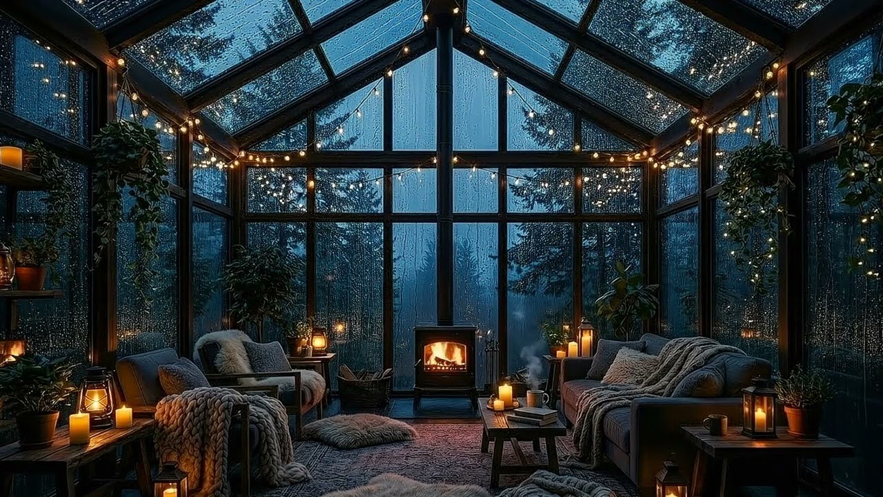 5 Hour Rainy Cabin Ambience | Fireplace Sounds & Smooth Jazz (4K Relaxing Night)