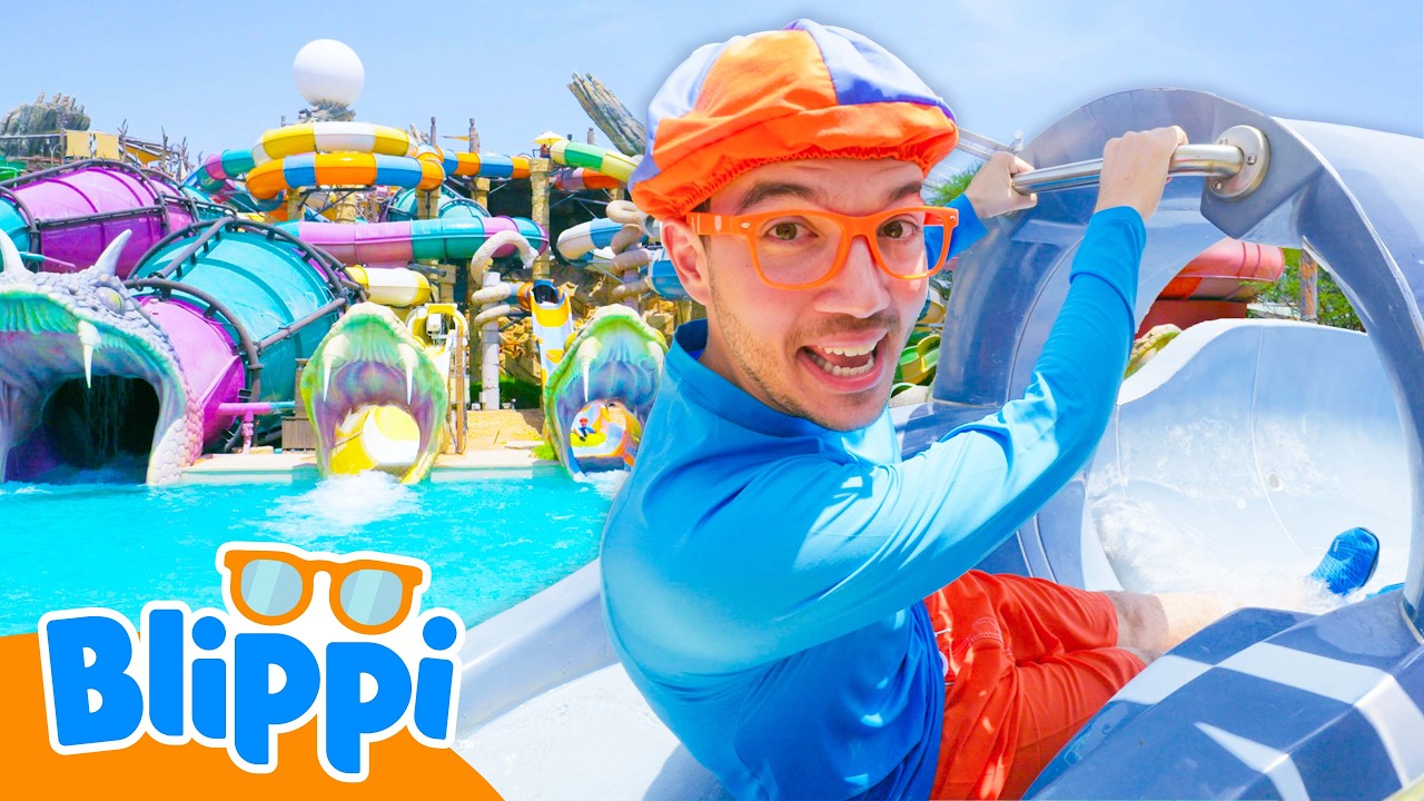 Ultimate Blippi Waterpark Playground! 🌊🛝 How Many Slides Can Blippi Go Down?