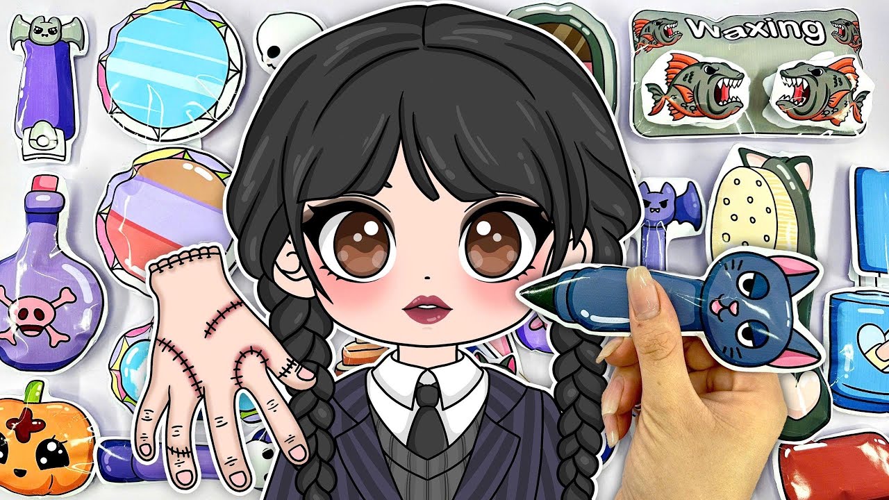 (👿Paper DIY😈) WEDNESDAY ADDAMS Skincare + Makeup + Dress up | ASMR Unboxing Blind Bags