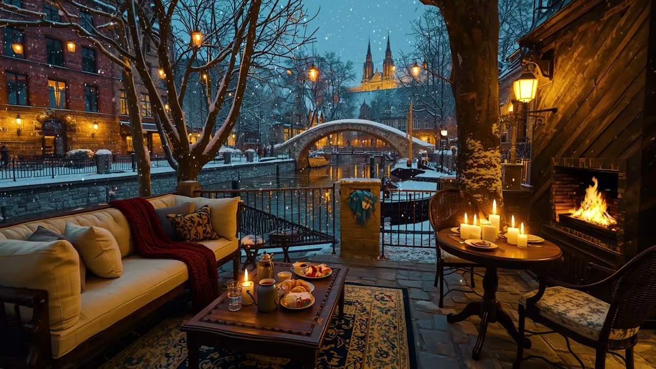 This Cozy Winter Jazz Café Will Melt Your Stress | Relaxing Outdoor Coffee Shop Ambience
