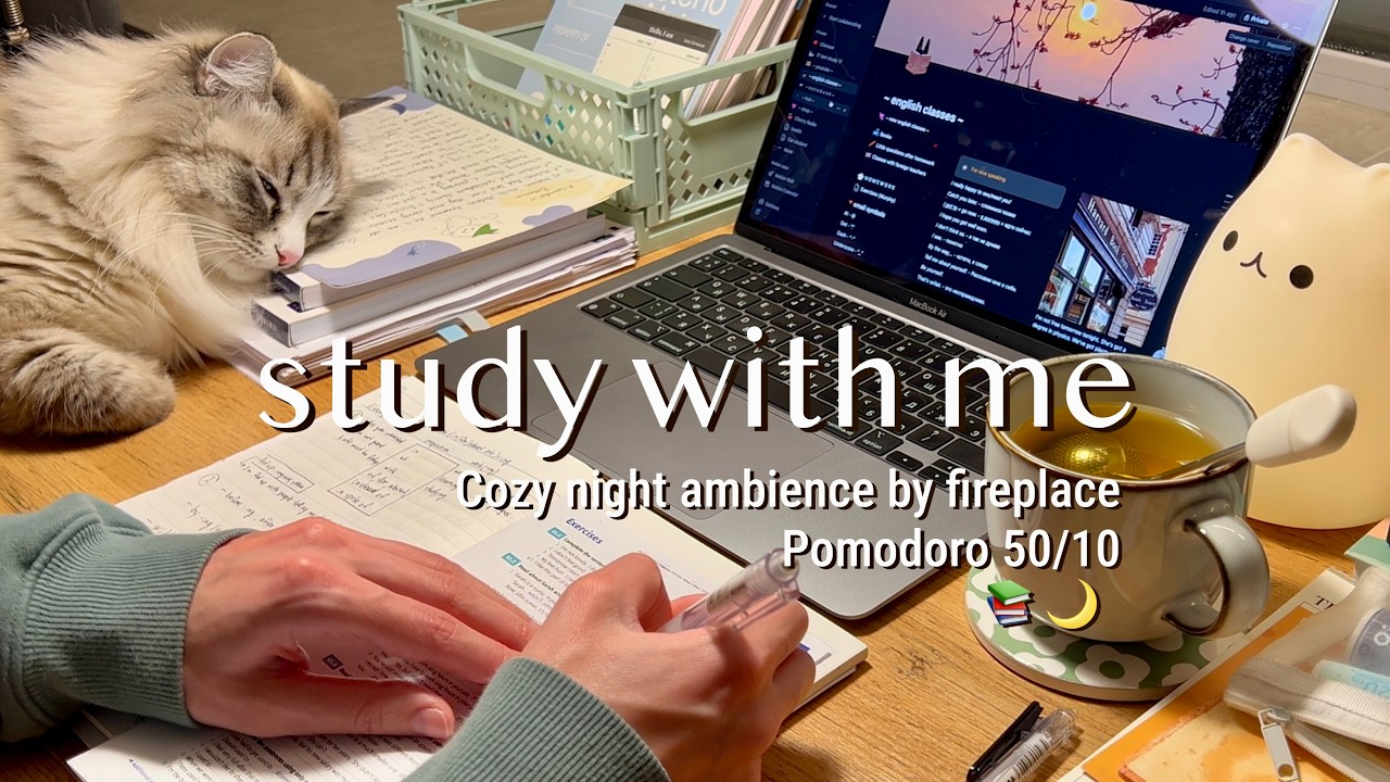 4-HR STUDY WITH ME 📚 cozy winter night, fireplace ambience [Pomodoro 50/10] deep focus