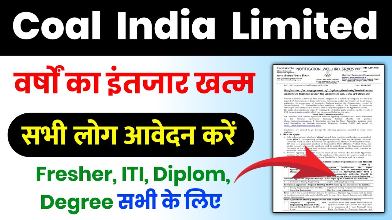 Coal India Limited में Fresher, ITI, Diploma और Degree के लिए बम्पर भर्ती जारी | WCL Apprentice 2025