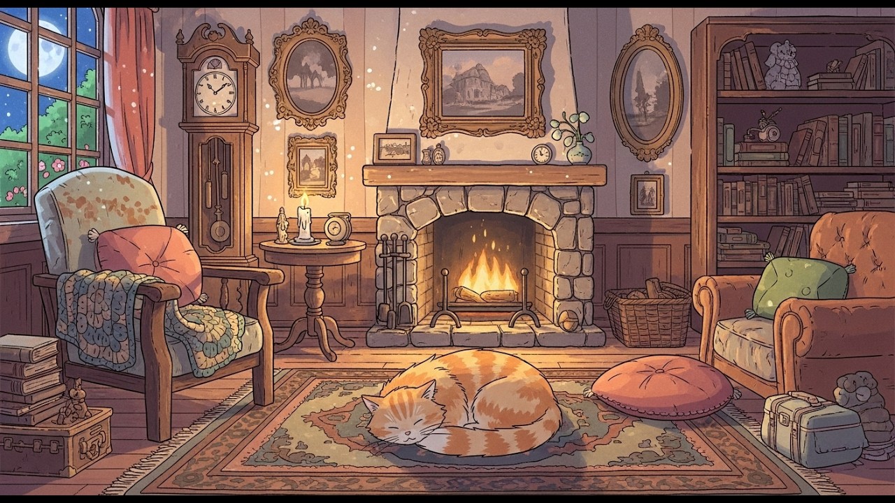 Peaceful Rainy Fireplace Night 4K ☔📖 Cozy Cabin Lofi Ambience for Sleep, Focus and Calm