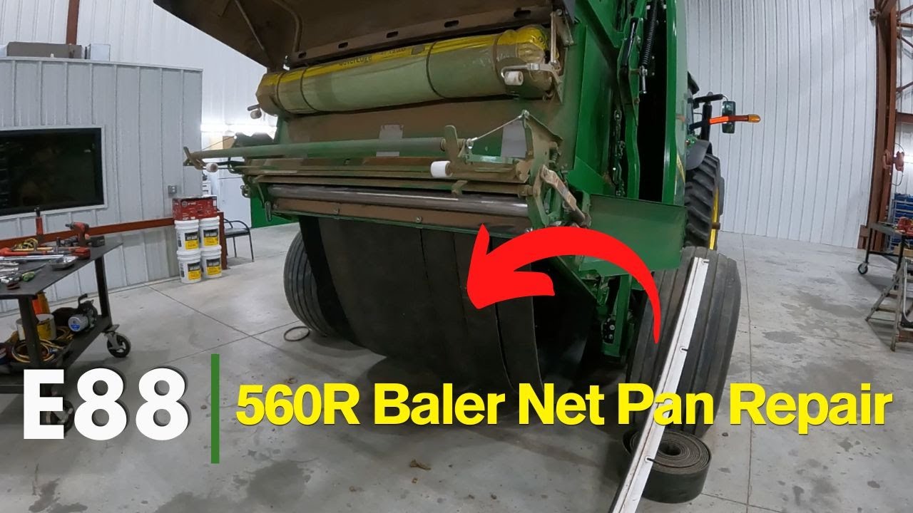 E88 | John Deere 560R Baler Net Pan Repair and Adjustment, How to Fix Baler Belt Tracking.