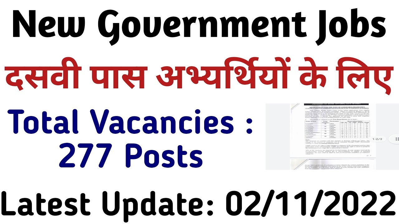 New Government Jobs Nov 2022 || Total Vacancies 277 Posts || Qualification 10th Pass