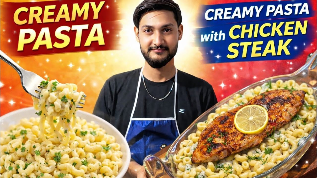 🍲Creamy White Sauce Pasta & Chicken Steak | Easy Homemade Recipe 🥩