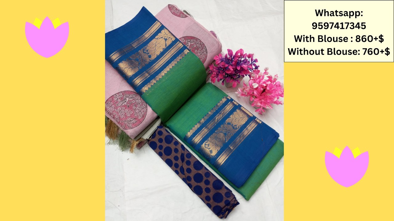 Chettinad Cotton Saree with Contrast Blouse Video 92| Price Rs.860+Shipping|WhatsApp-9597417345