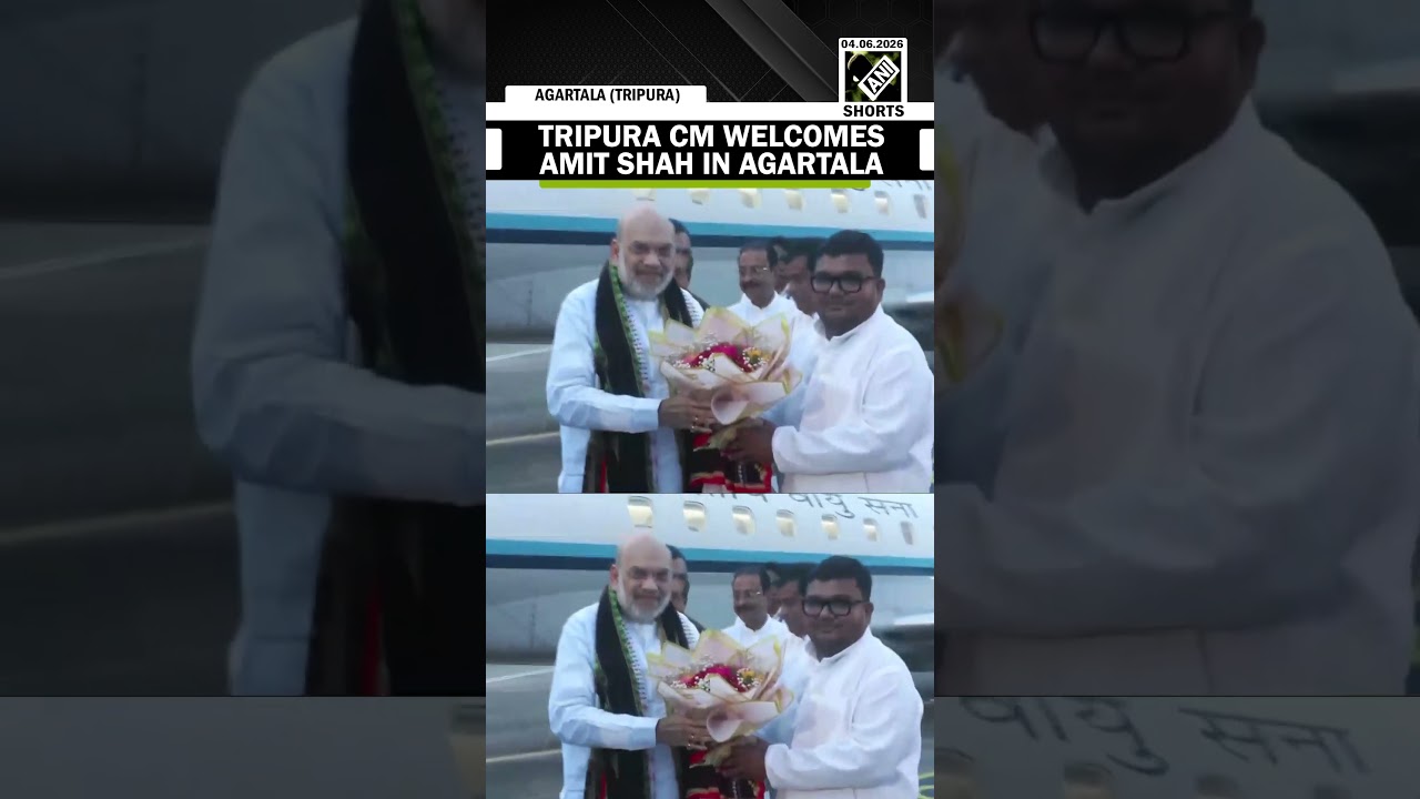 Tripura CM Manik Saha welcomes Home Minister Amit Shah as he arrives in Agartala